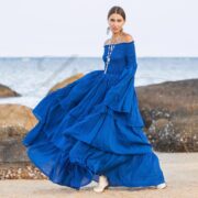 Lucia Boho Wedding Dress | Royal Lagoon Off-Shoulder Cotton Gown by ZinniaPearl - Image 4