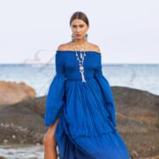Lucia Boho Wedding Dress | Royal Lagoon Off-Shoulder Cotton Gown by ZinniaPearl - Image 5