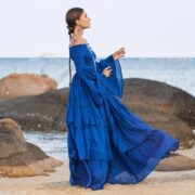 Lucia Boho Wedding Dress | Royal Lagoon Off-Shoulder Cotton Gown by ZinniaPearl - Image 2