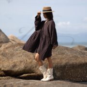 Bellina Babydoll Dress – Umber Noir Crinkle Cotton Tunic | Plus Size Boho Button-Down by ZinniaPearl - Image 2