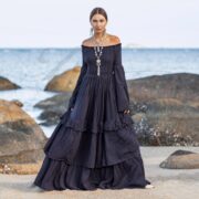 Lucia Boho Wedding Dress – Obsidian Wave | Off-Shoulder Cotton Maxi Gown by ZinniaPearl