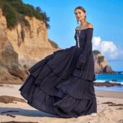 Lucia Boho Wedding Dress – Obsidian Wave | Off-Shoulder Cotton Maxi Gown by ZinniaPearl - Image 9