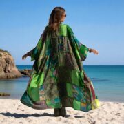 Harper Jade Upcycled Vintage Silk Saree Kimono Duster – Emerald Oasis Boho Patchwork Robe - Image 9