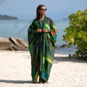 Harper Jade Upcycled Vintage Silk Saree Kimono Duster – Emerald Oasis Boho Patchwork Robe