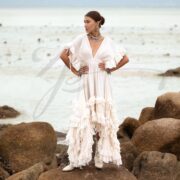 Boho Ruffle Maxi Dress | Cream Raw Cotton High-Low Gown | Plus Size Wedding Guest Dress