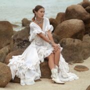 Boho Ruffle Maxi Dress | Cream Raw Cotton High-Low Gown | Plus Size Wedding Guest Dress - Image 4