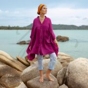 Plus Size Bellina Magenta Tunic, Crinkle Gauze Kaftan Top with Pockets, Boho Beachwear