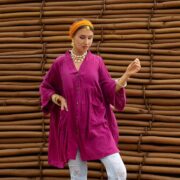 Plus Size Bellina Magenta Tunic, Crinkle Gauze Kaftan Top with Pockets, Boho Beachwear - Image 6