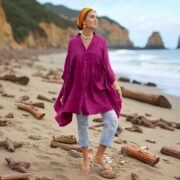 Plus Size Bellina Magenta Tunic, Crinkle Gauze Kaftan Top with Pockets, Boho Beachwear - Image 7