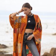 Harper Jade Vintage Silk Kimono – Harvest Flame Upcycled Boho Patchwork Duster | ZinniaPearl - Image 4