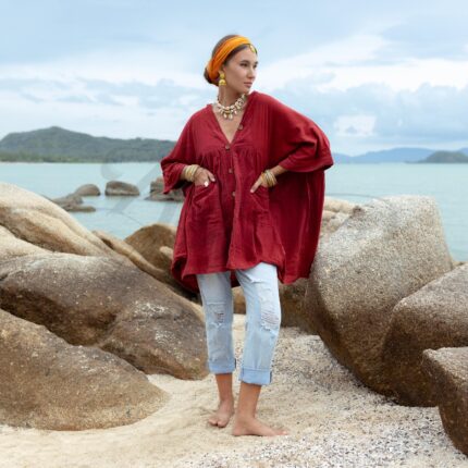 Plus Size Boho Kaftan Top – Bellina Sangria Cotton Gauze Tunic with Pockets