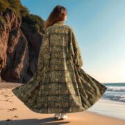 Emerald Velvet Plus Size Kimono: Hand Block Printed Floral Boho Duster – MAI - Image 9