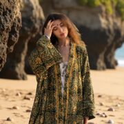 Emerald Velvet Plus Size Kimono: Hand Block Printed Floral Boho Duster – MAI - Image 10