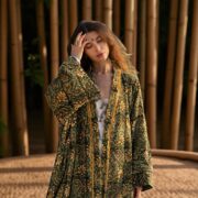 Emerald Velvet Plus Size Kimono: Hand Block Printed Floral Boho Duster – MAI - Image 6